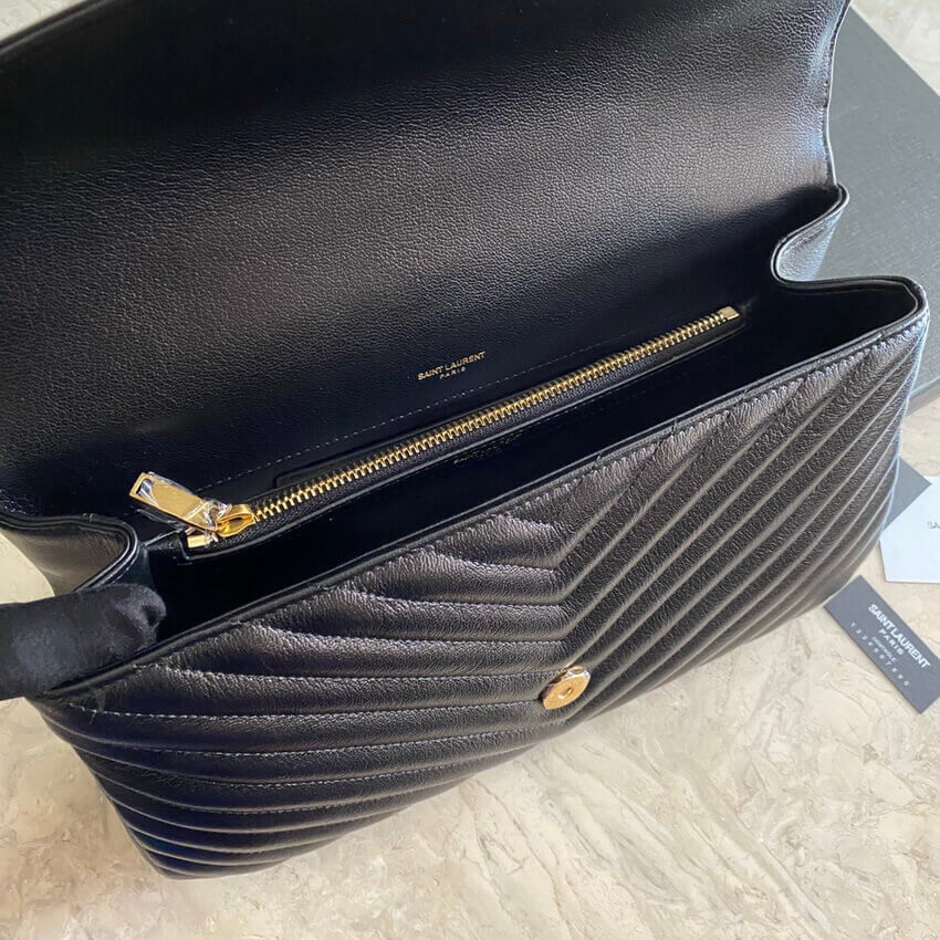 YSL Saint Laurent Sheepskin Matelasse Chevron Monogram Large College Satchel 392738 Black