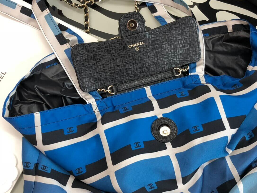 Chanel Printed Fabric Foldable Tote Bag With Chain AP2095 Blue