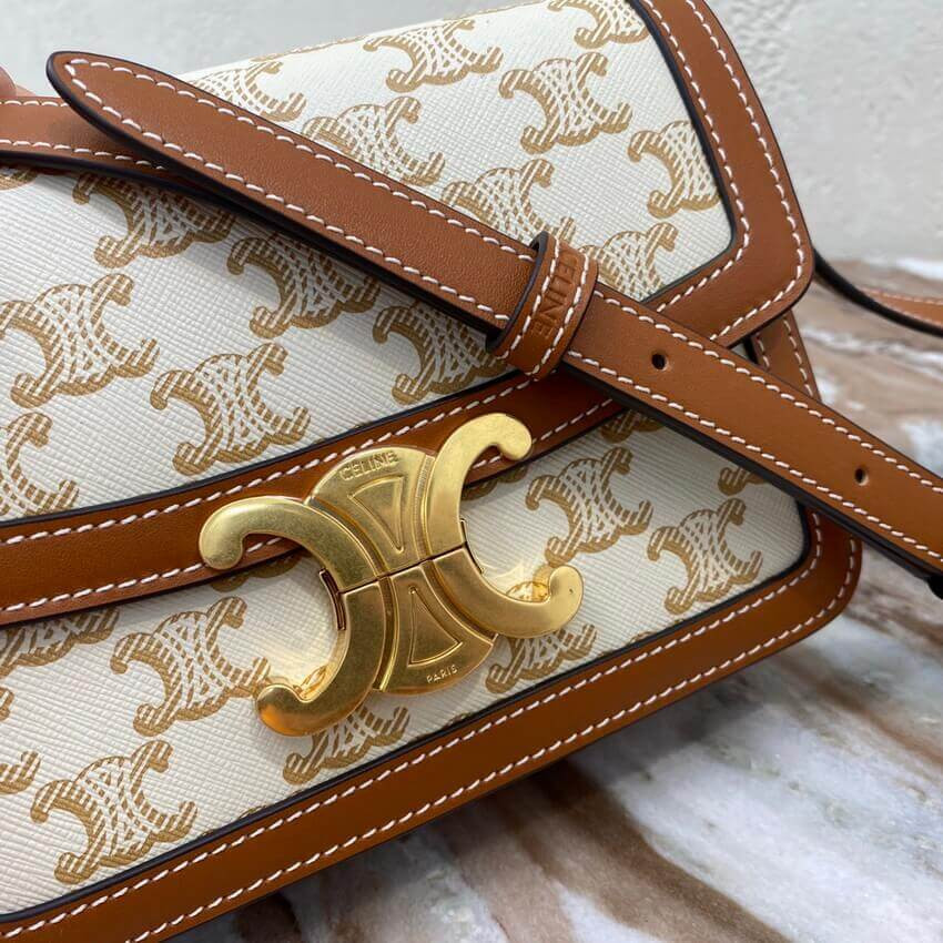 Celine Teen Triomphe Bag in Triomphe Canvas and Calfskin 188882 White