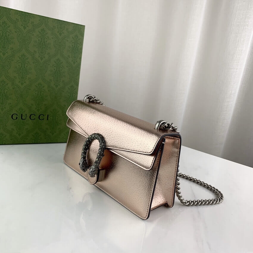 Gucci Dionysus Small Shoulder Bag in Rose Gold Lame Leather 499623