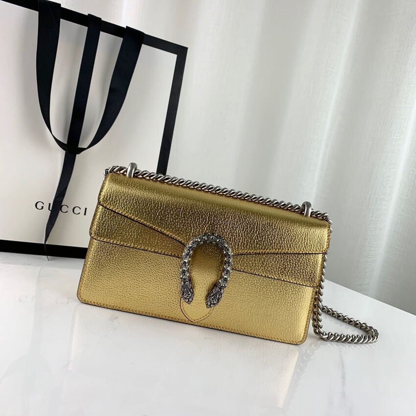 Gucci Dionysus Small Shoulder Bag in Gold Lame Leather 499623