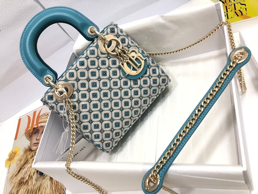 Lady Dior Mini Azure Blue Honeycomb Embroidery Bag M0505 With Two-Tone Thread And Rhinestones