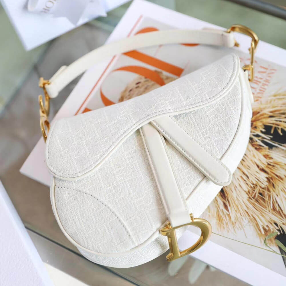 Christian Dior Mini Saddle Bag in White Oblique Jacquard M0447