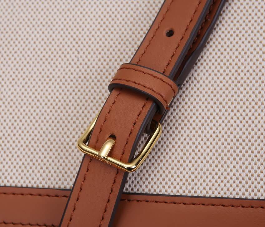 Celine Teen Triomphe Bag in Textile and Natural Calfskin 188882 Tan/White