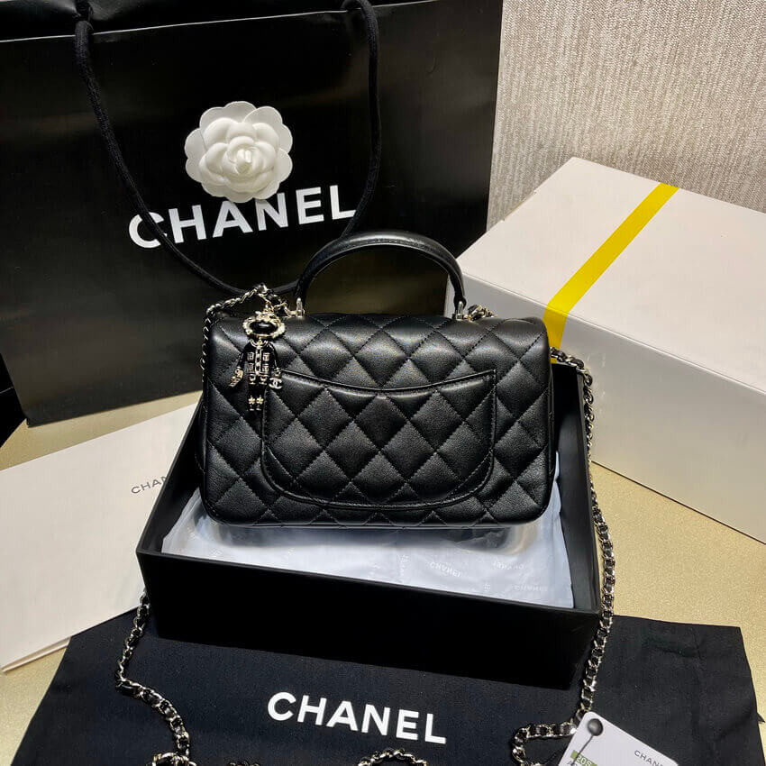 Chanel Lambskin Mini Flap Bag With Top Handle Black AS2431 with Charms