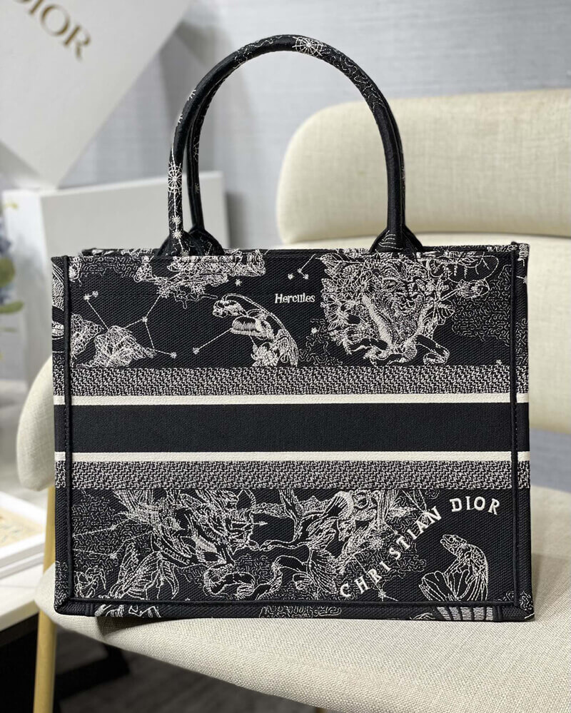 Christian Dior Medium Book Tote Black Toile de Jouy Zodiac Embroidery M1296