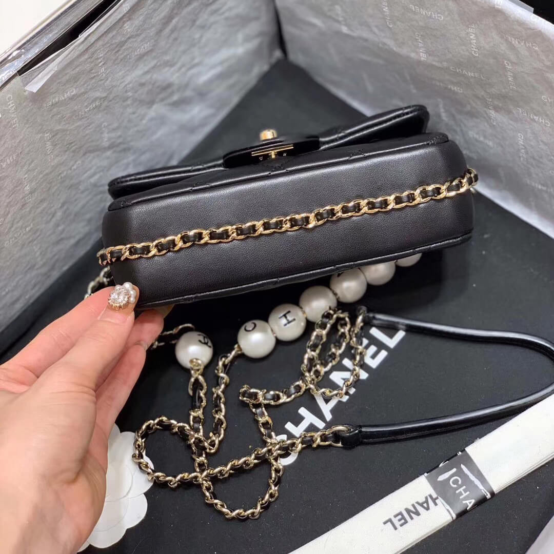 Chanel Small Pearl Logo Strap Flap Bag AS1436 Black