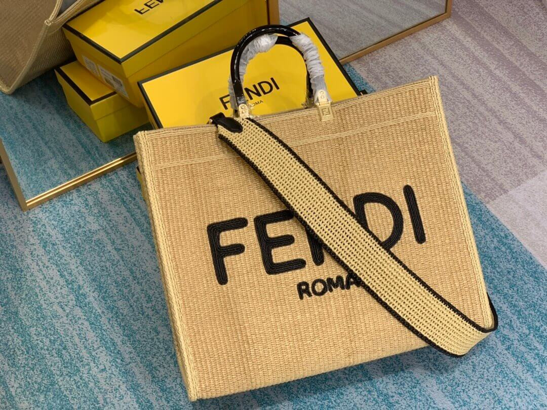 Fendi Sunshine Large Shopper Woven Raffia Tote 8BH372 Beige
