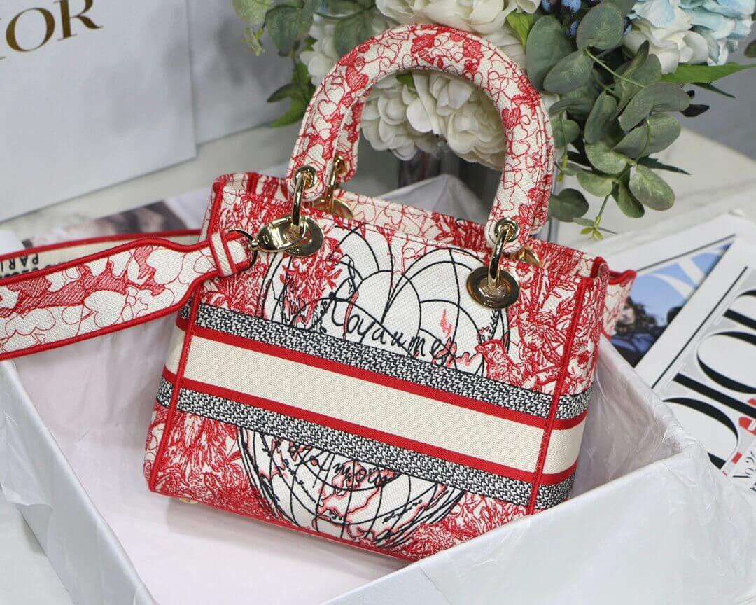 Christian Dior Medium Lady D-Lite Bag Red and White D-Royaume d'Amour Embroidery M0565