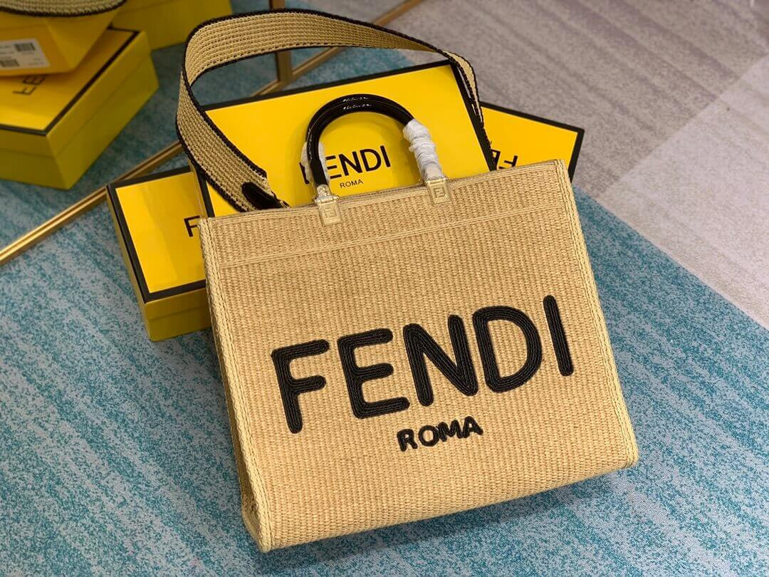 Fendi Sunshine Medium Shopper Woven Raffia Tote 8BH386 Beige