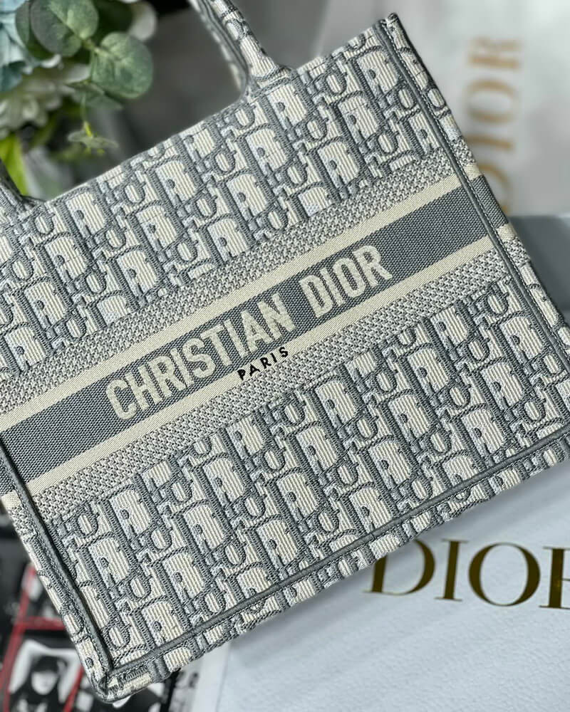 Christian Dior Small Book Tote Bag 26cm Oblique Embroidery Gray