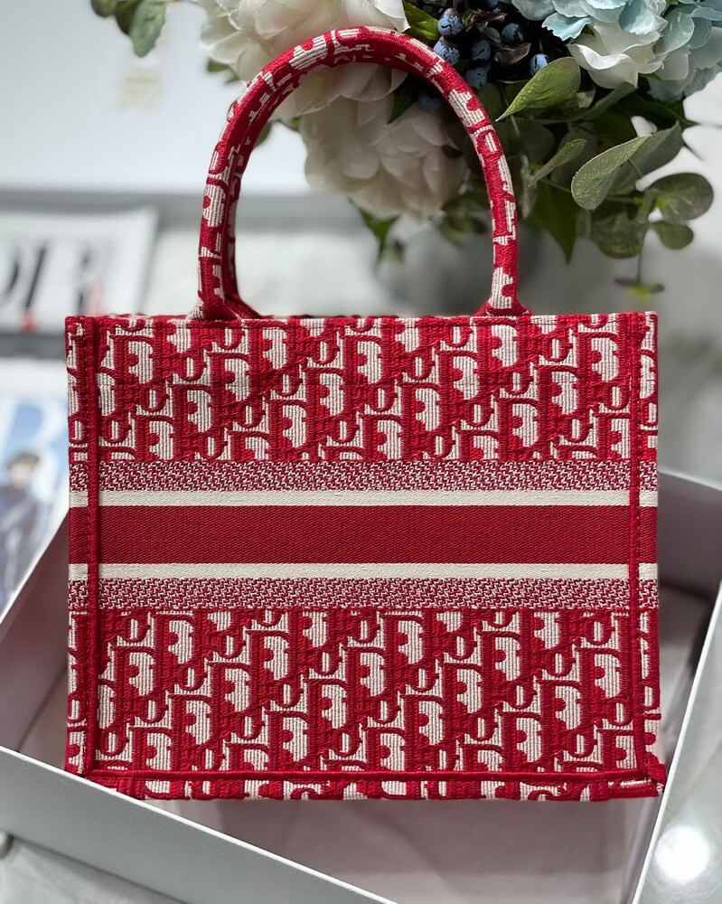 Christian Dior Small Book Tote Bag 26cm Oblique Embroidery Red
