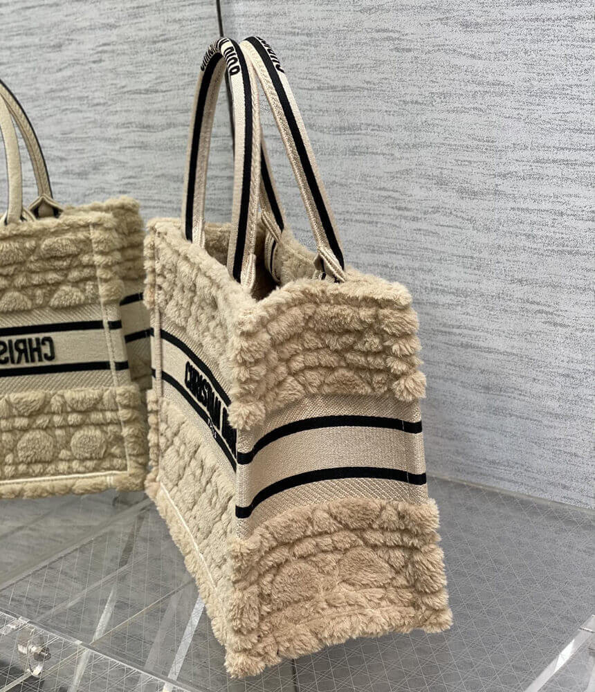 Christian Dior Small Book Tote Beige Cannage Shearling M1265