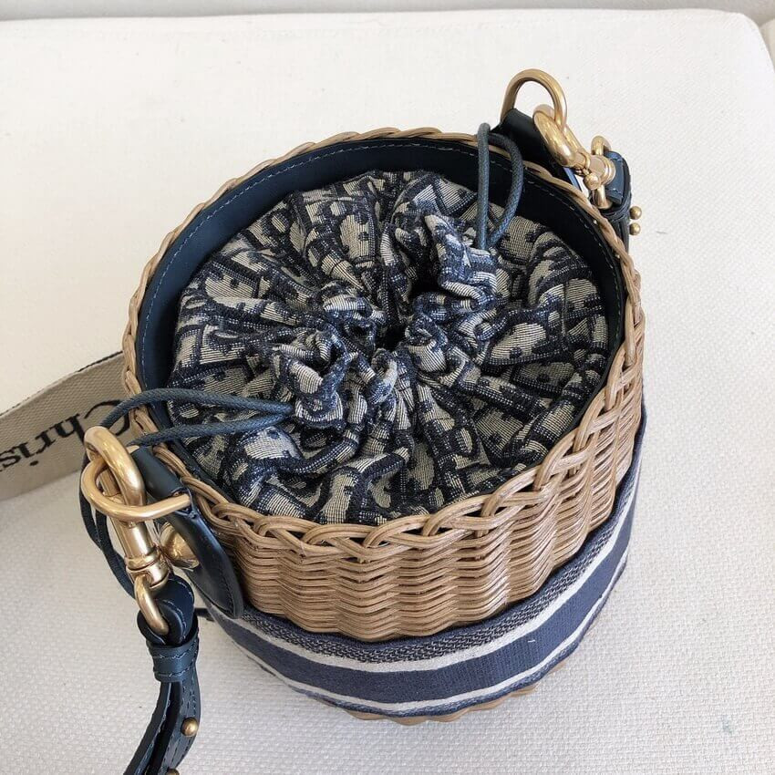 Christian Dior Wicker Basket Shoulder Bag Blue Oblique M7600