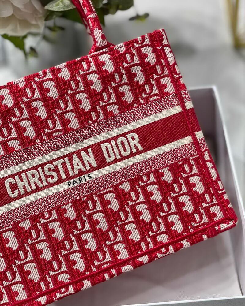 Christian Dior Small Book Tote Bag 26cm Oblique Embroidery Red