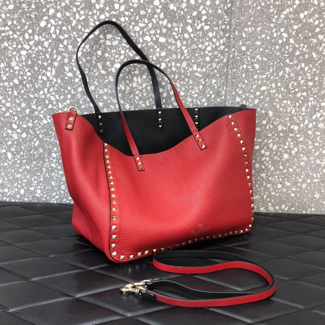 Valentino Garavani Medium Double Rockstud Reversible Tote Bag 0067J Black/Red