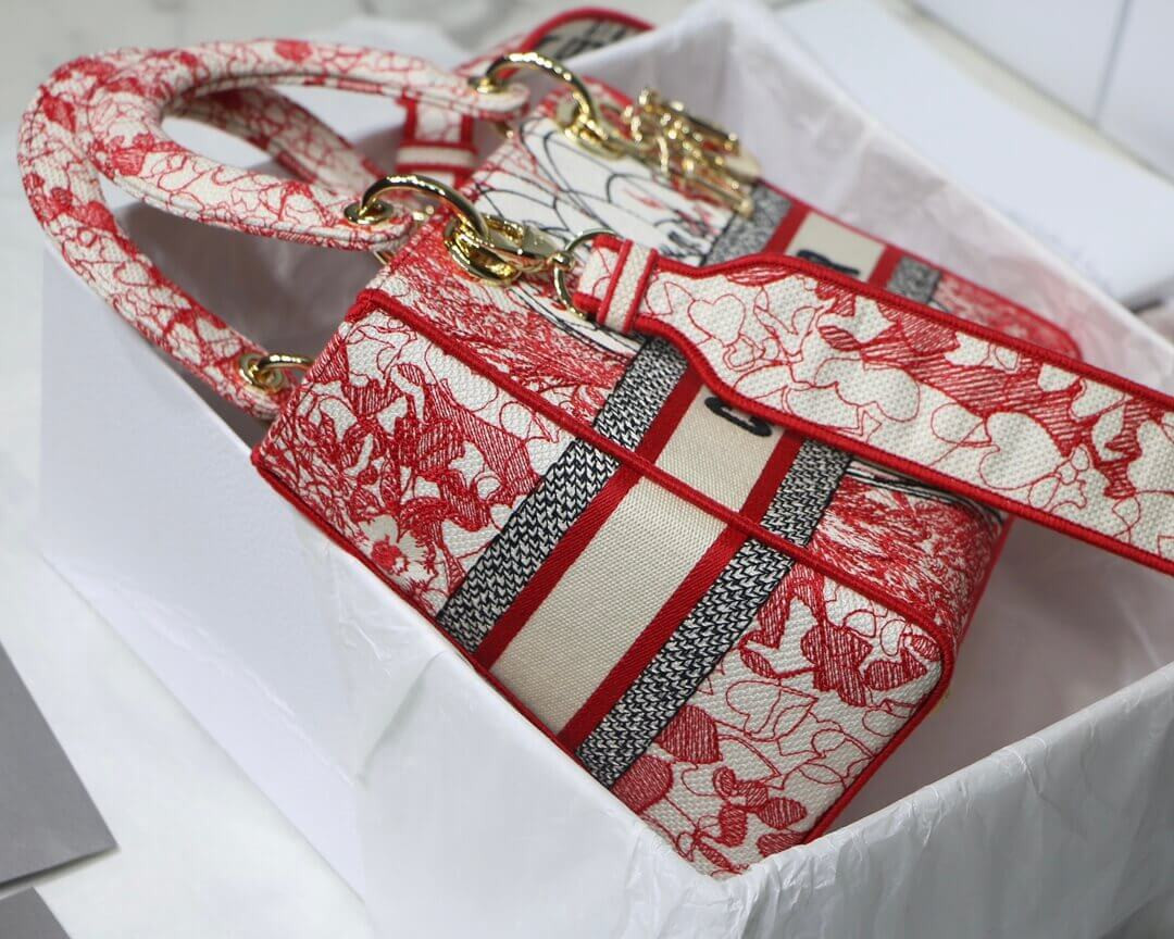 Christian Dior Medium Lady D-Lite Bag Red and White D-Royaume d'Amour Embroidery M0565