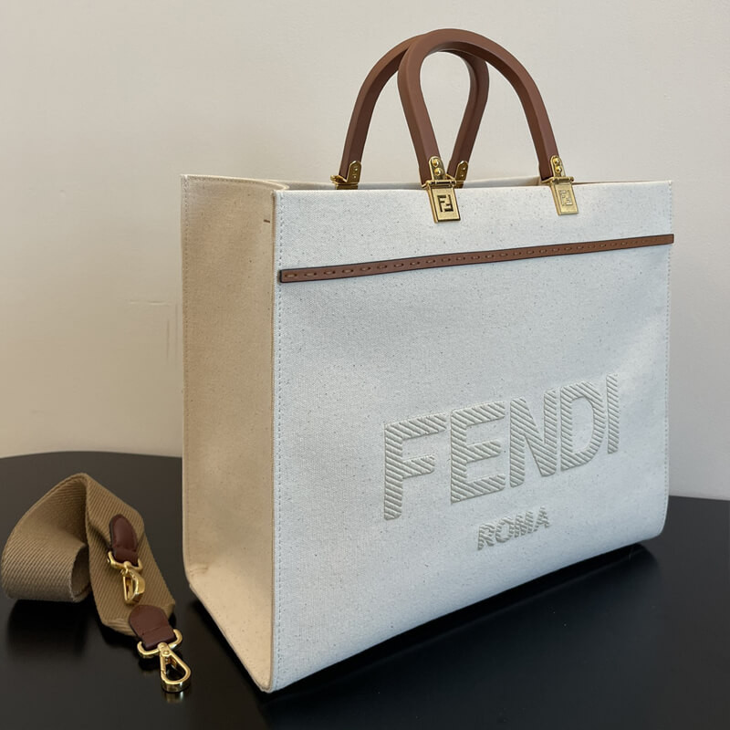 Fendi Large Sunshine Tote Bag in Cream Canvas 8BH372