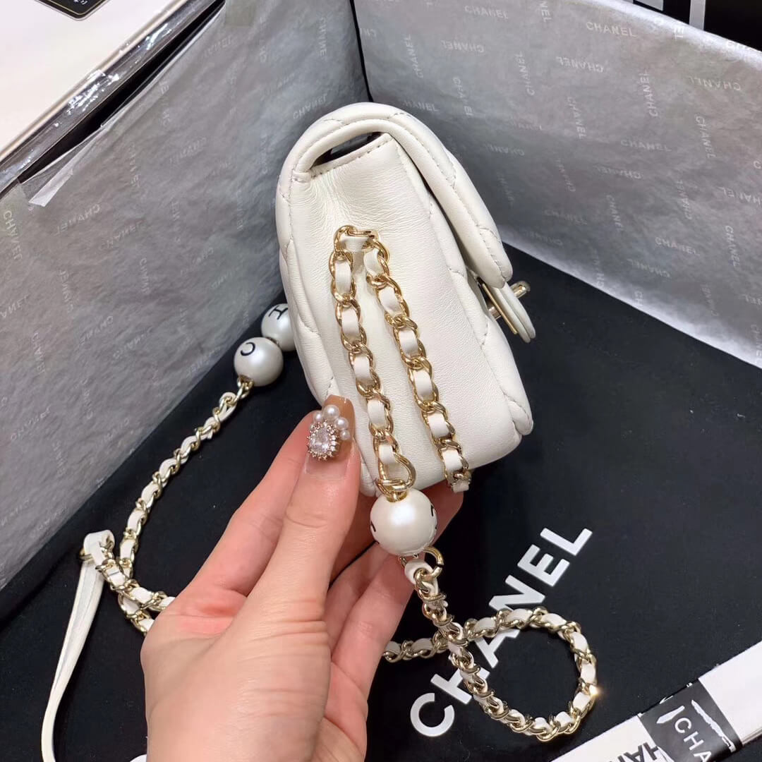 Chanel Small Pearl Logo Strap Flap Bag AS1436 White