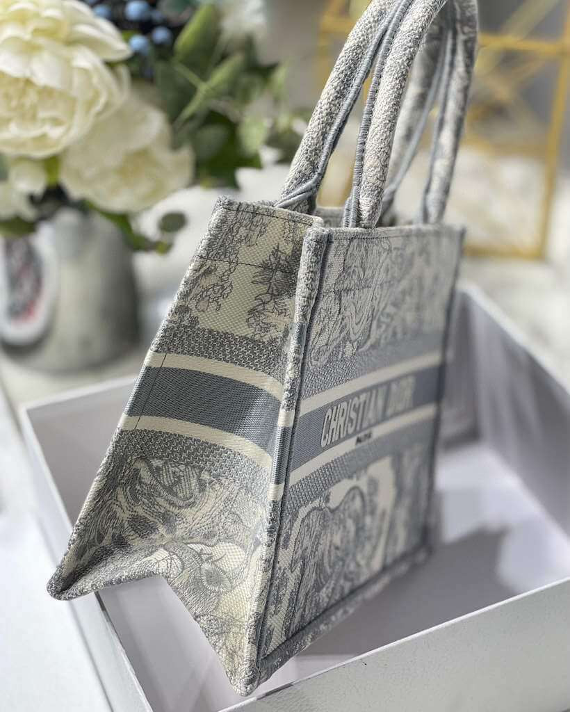 Christian Dior Small Book Tote Bag 26cm Toile De Jouy Reverse Embroidery Grey