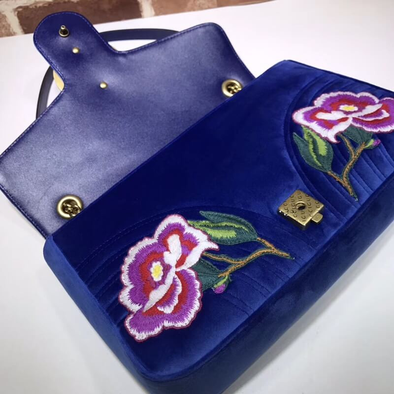 Gucci GG Marmont Embroidered Modern And Rose Velvet Chevron Shoulder Bag 443496