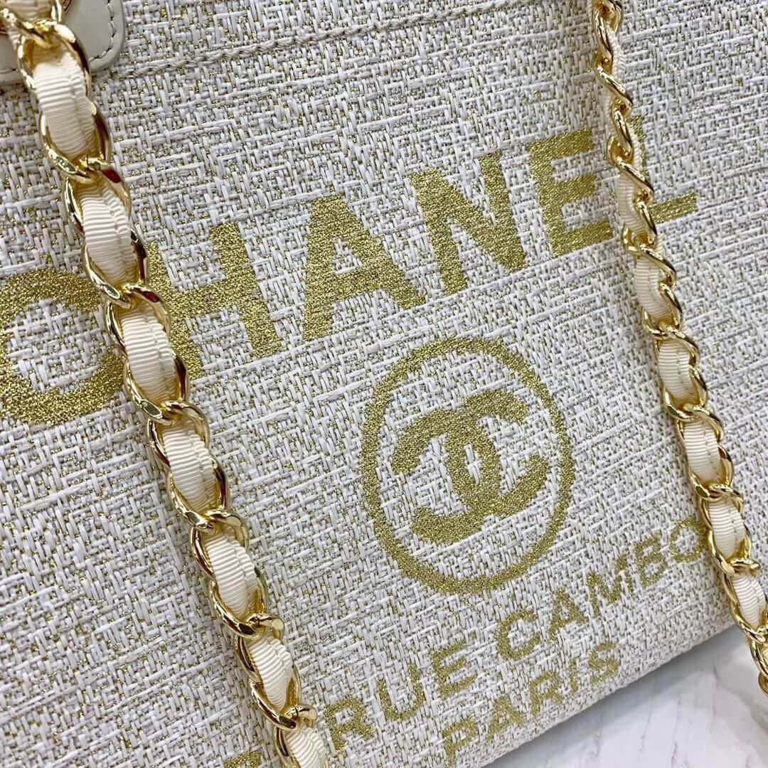 Chanel Deauville Tote 38cm Canvas Bag A66941 White/Gold
