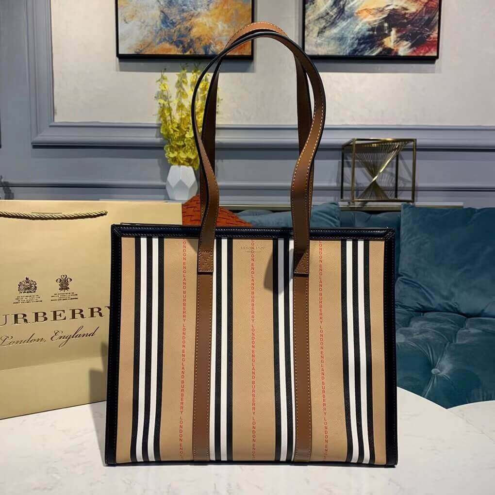 Burberry Logo and Stripe E-canvas Portrait Tote Bag 80224771