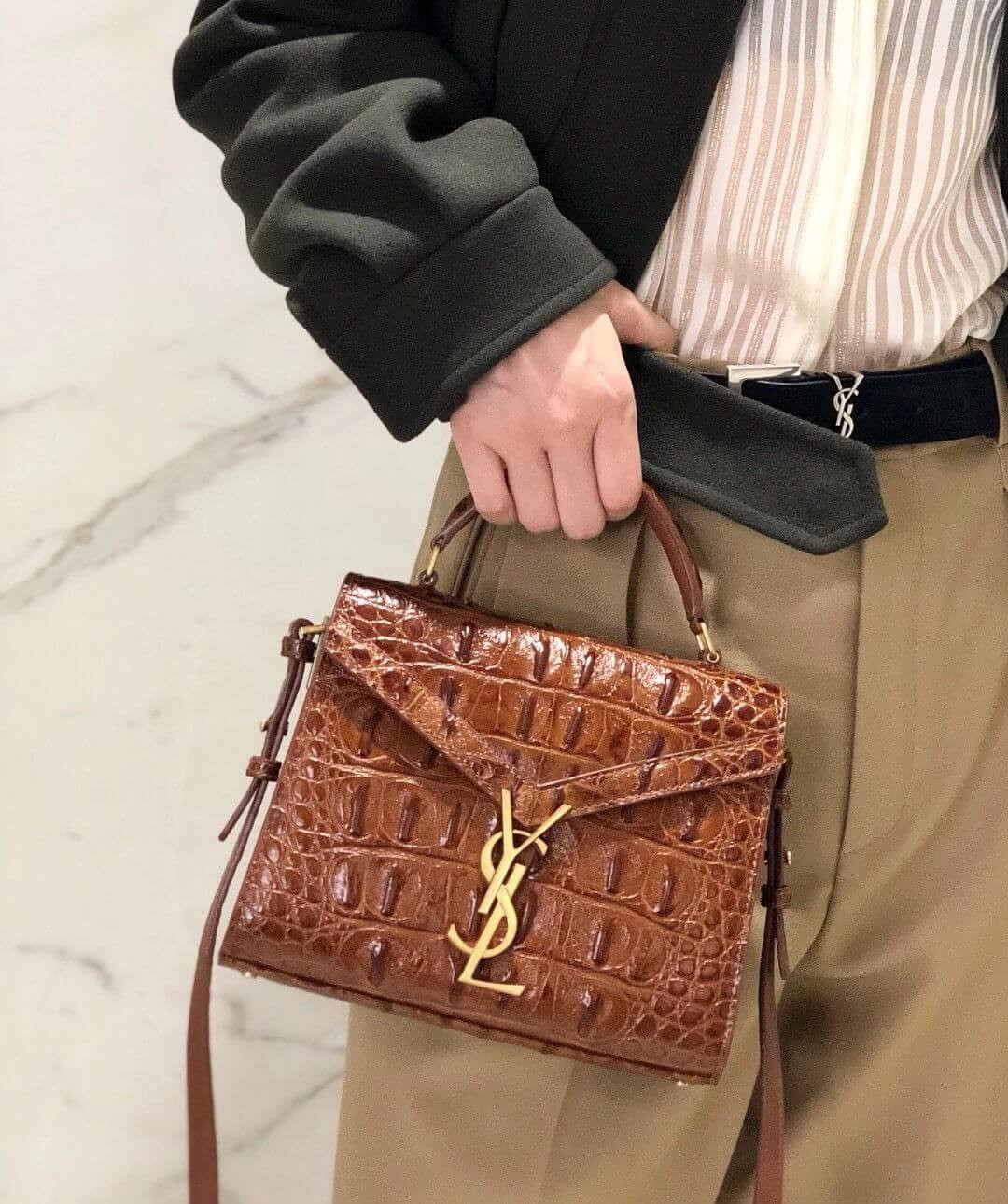 YSL Saint Laurent Cassandra Mini Top Handle Bag In Caiman Embossed Leather 602716 Brown