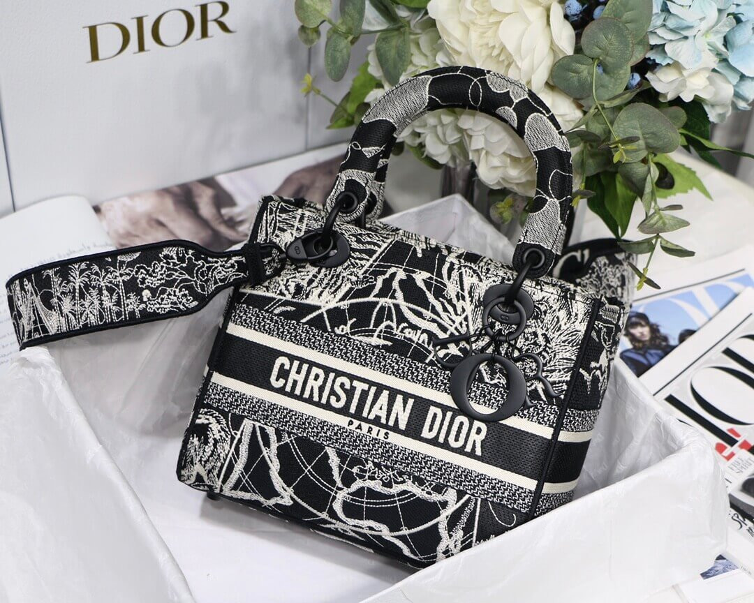 Christian Dior Medium Lady D-Lite Bag Black and White Around the World Embroidery M0565