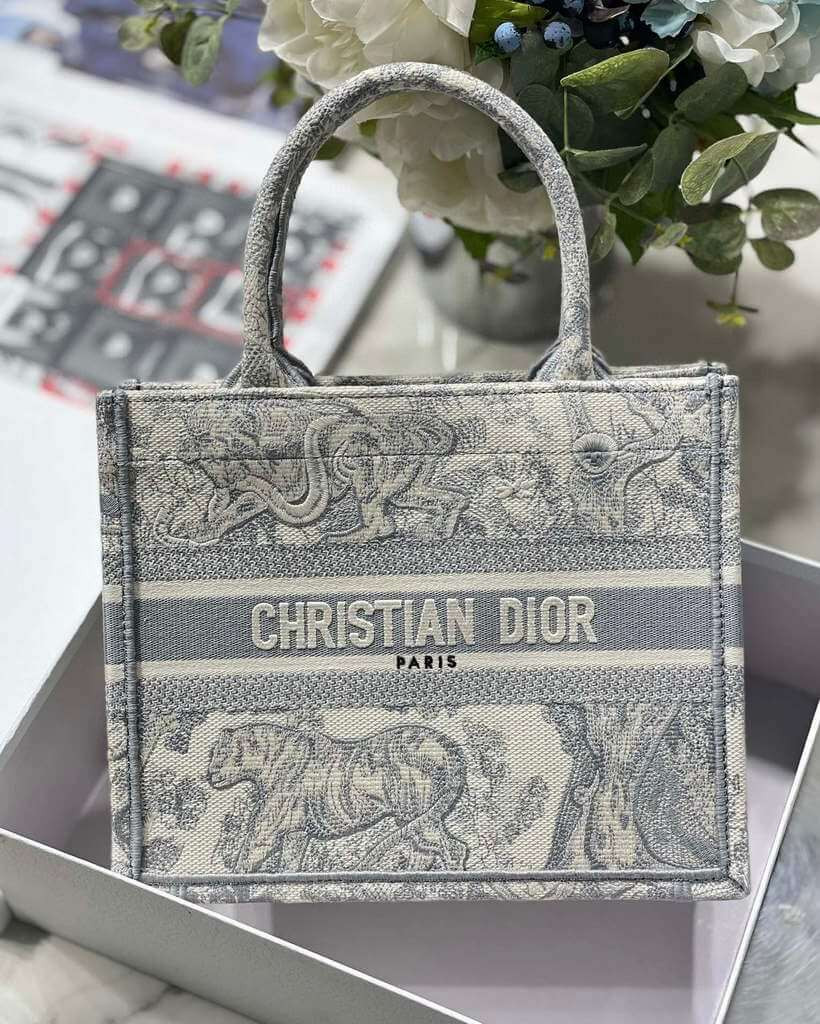 Christian Dior Small Book Tote Bag 26cm Toile De Jouy Reverse Embroidery Grey