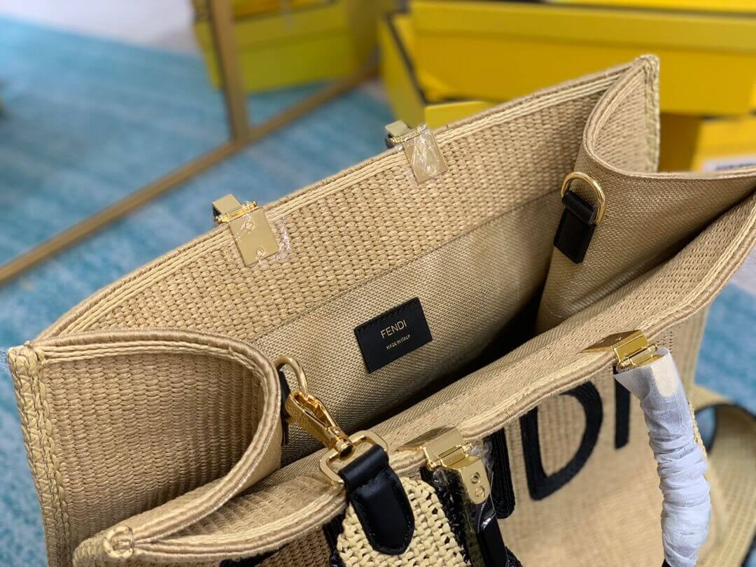 Fendi Sunshine Large Shopper Woven Raffia Tote 8BH372 Beige