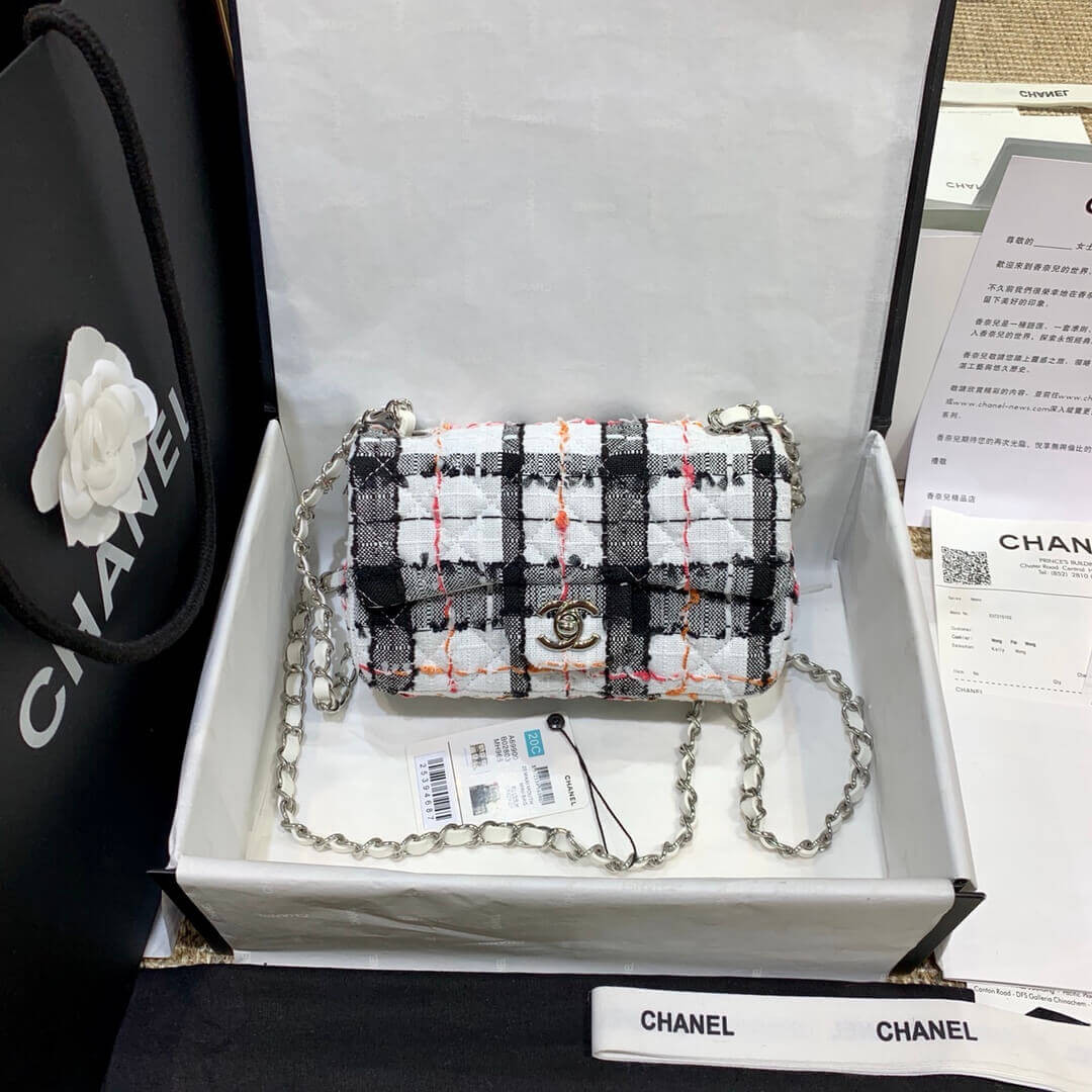 Chanel Tweed 20cm Classic Flap Bag A01116 White/Black