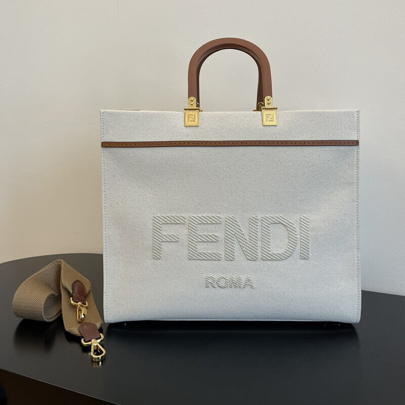 Fendi Medium Sunshine Tote Bag in Cream Canvas 8BH386