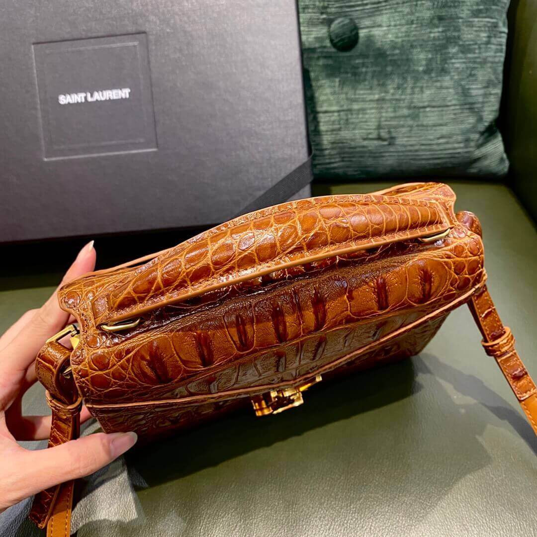 YSL Saint Laurent Cassandra Mini Top Handle Bag In Caiman Embossed Leather 602716 Brown