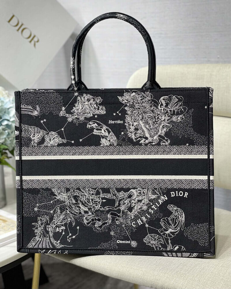 Christian Dior Large Book Tote Black Toile de Jouy Zodiac Embroidery M1286