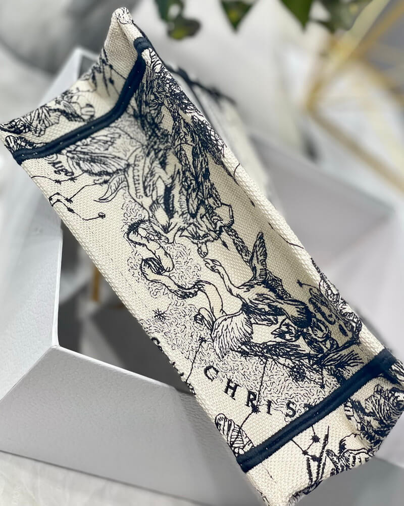 Christian Dior Small Book Tote Bag 26cm Latte Toile De Jouy Zodiac Embroidery Beige