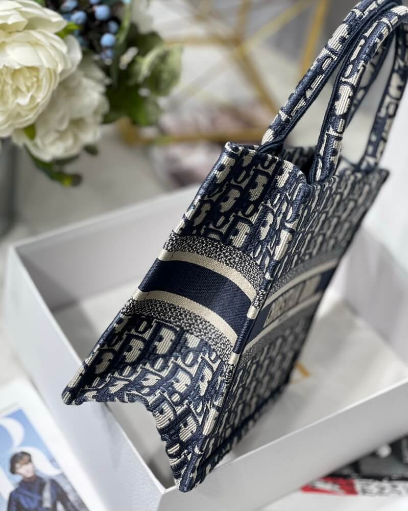 Christian Dior Small Book Tote Bag 26cm Oblique Embroidery Blue