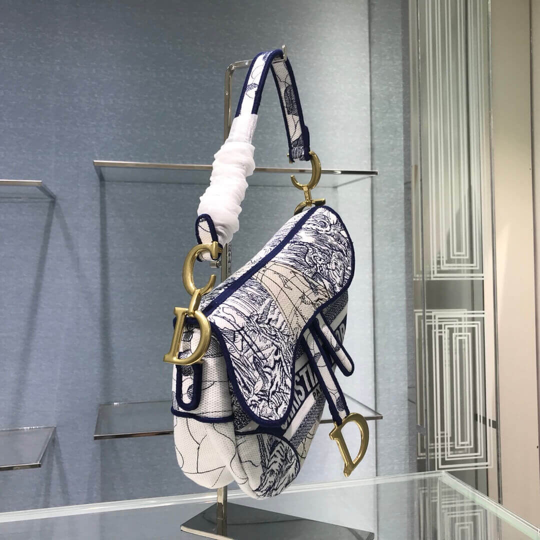 Christian Dior Saddle Bag in Blue Camouflage Embroidery M0446