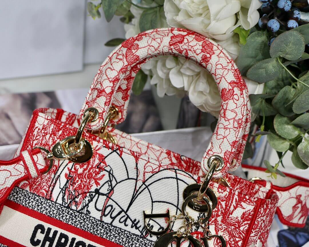 Christian Dior Medium Lady D-Lite Bag Red and White D-Royaume d'Amour Embroidery M0565