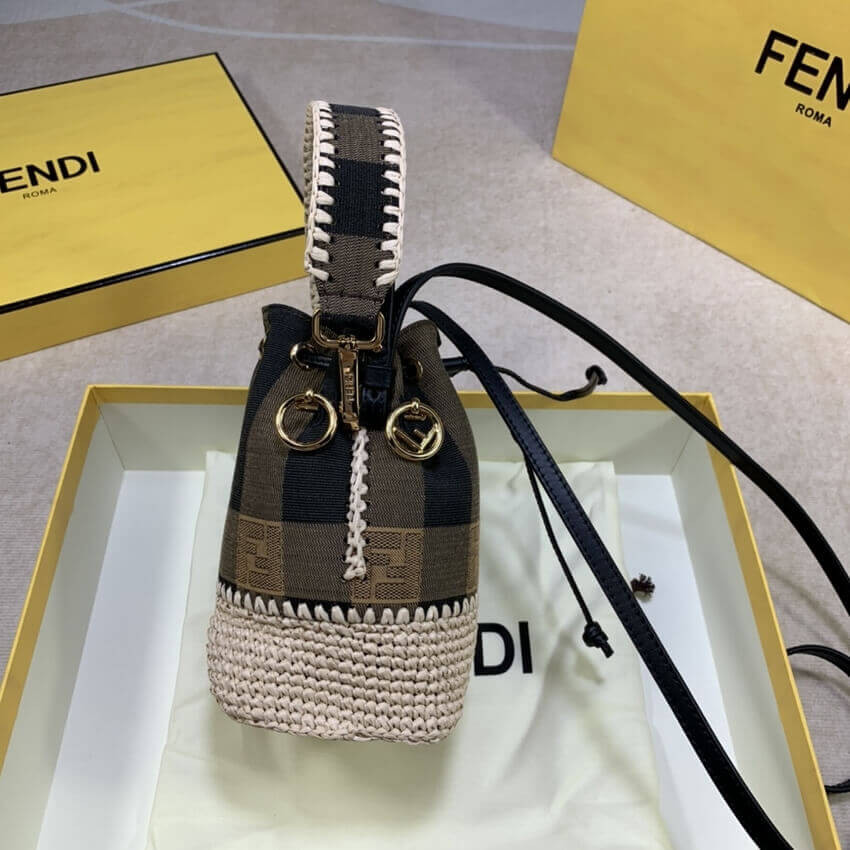 Fendi Brown Mon Tresor Mini Canvas & Raffia Bucket Bag 2028