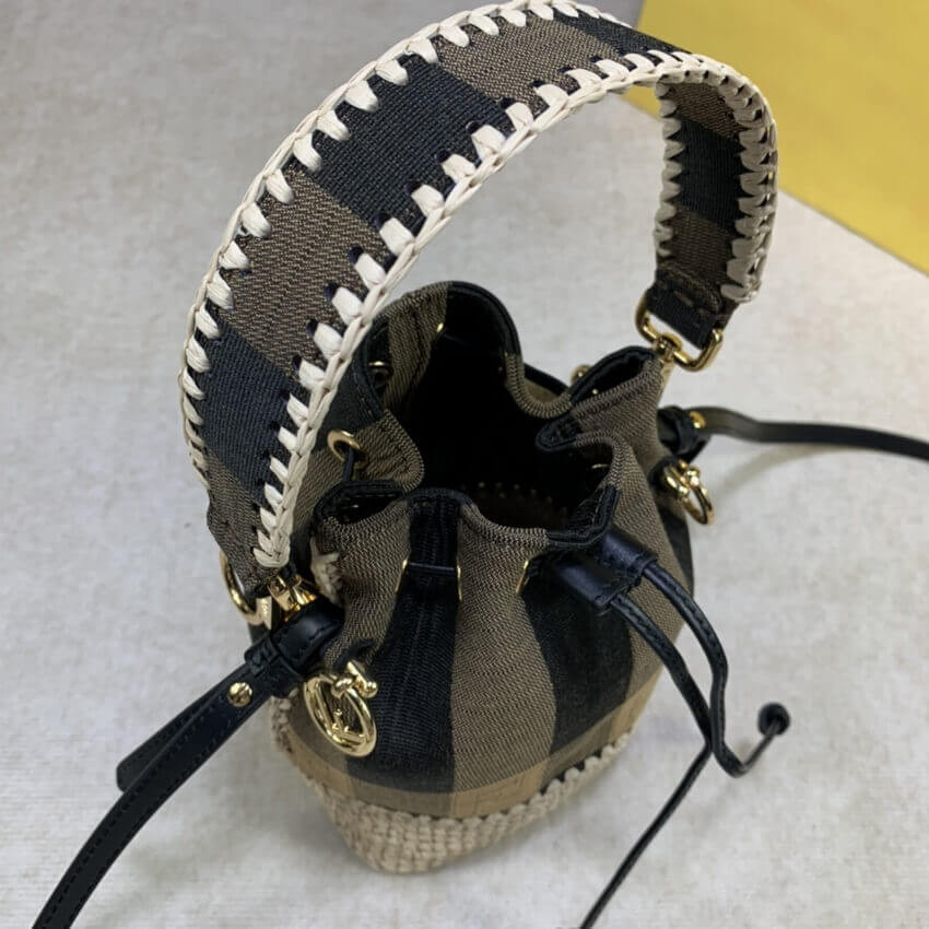Fendi Brown Mon Tresor Mini Canvas & Raffia Bucket Bag 2028