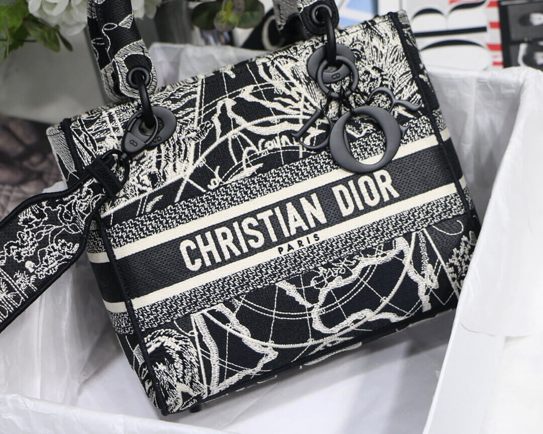 Christian Dior Medium Lady D-Lite Bag Black and White Around the World Embroidery M0565