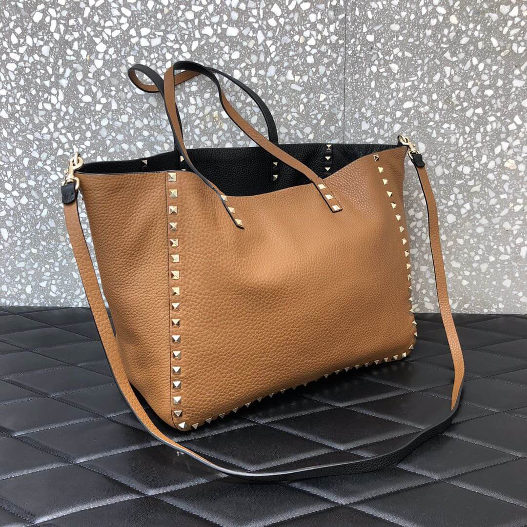 Valentino Garavani Medium Double Rockstud Reversible Tote Bag 0067J Black/Brown