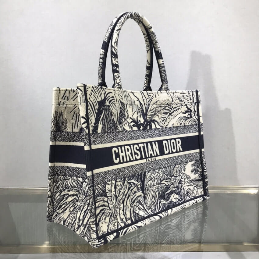 Dior Small Book Tote Blue Toile de Jouy Palms Embroidery M1296