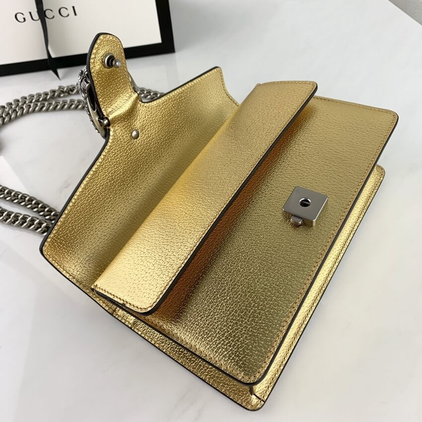 Gucci Dionysus Small Shoulder Bag in Gold Lame Leather 499623