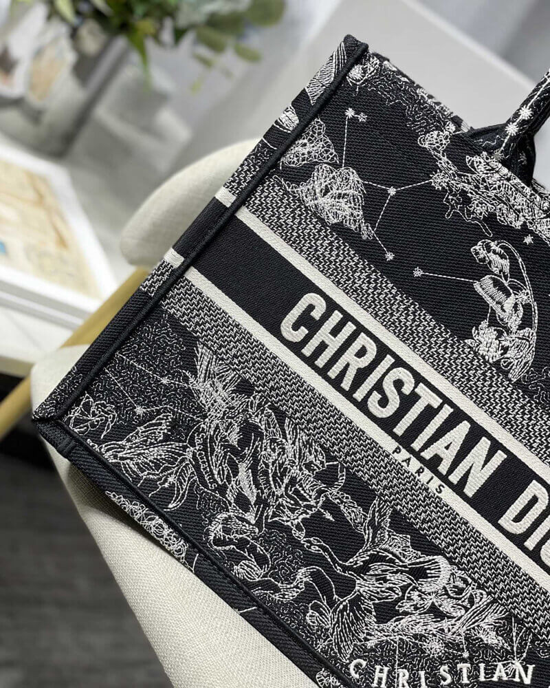 Christian Dior Medium Book Tote Black Toile de Jouy Zodiac Embroidery M1296