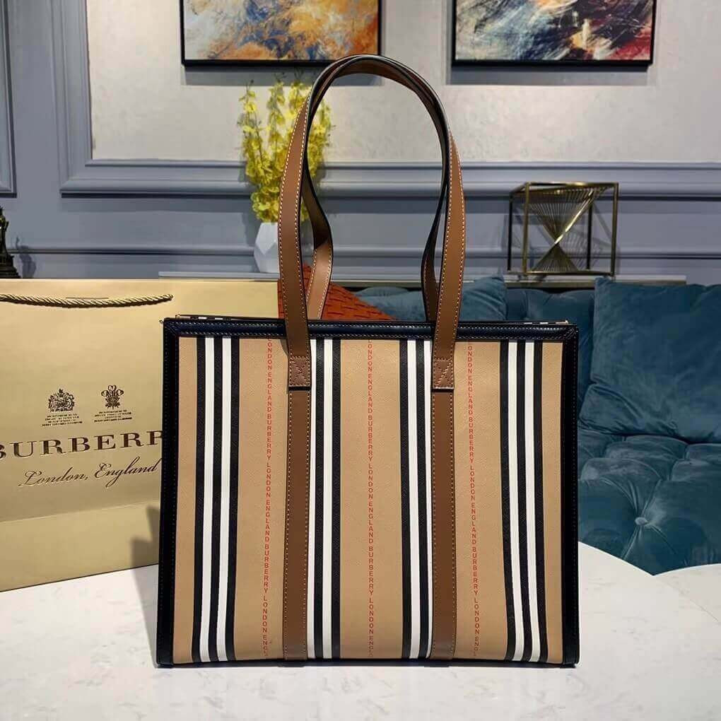 Burberry Logo and Stripe E-canvas Portrait Tote Bag 80224771