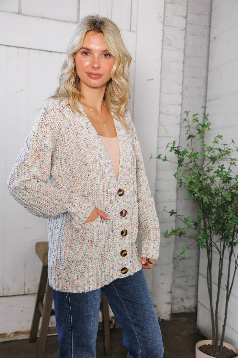 Cozy in Confetti Pocketed Button Cardigan