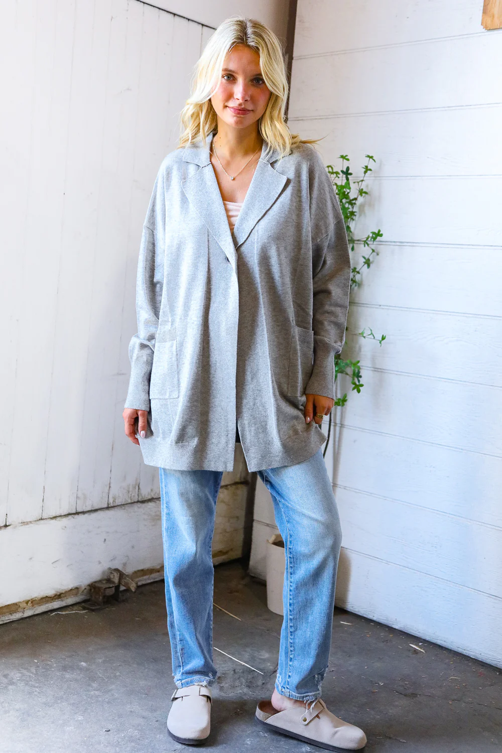 Grey Single Button Collared Open Cardigan with Pockets