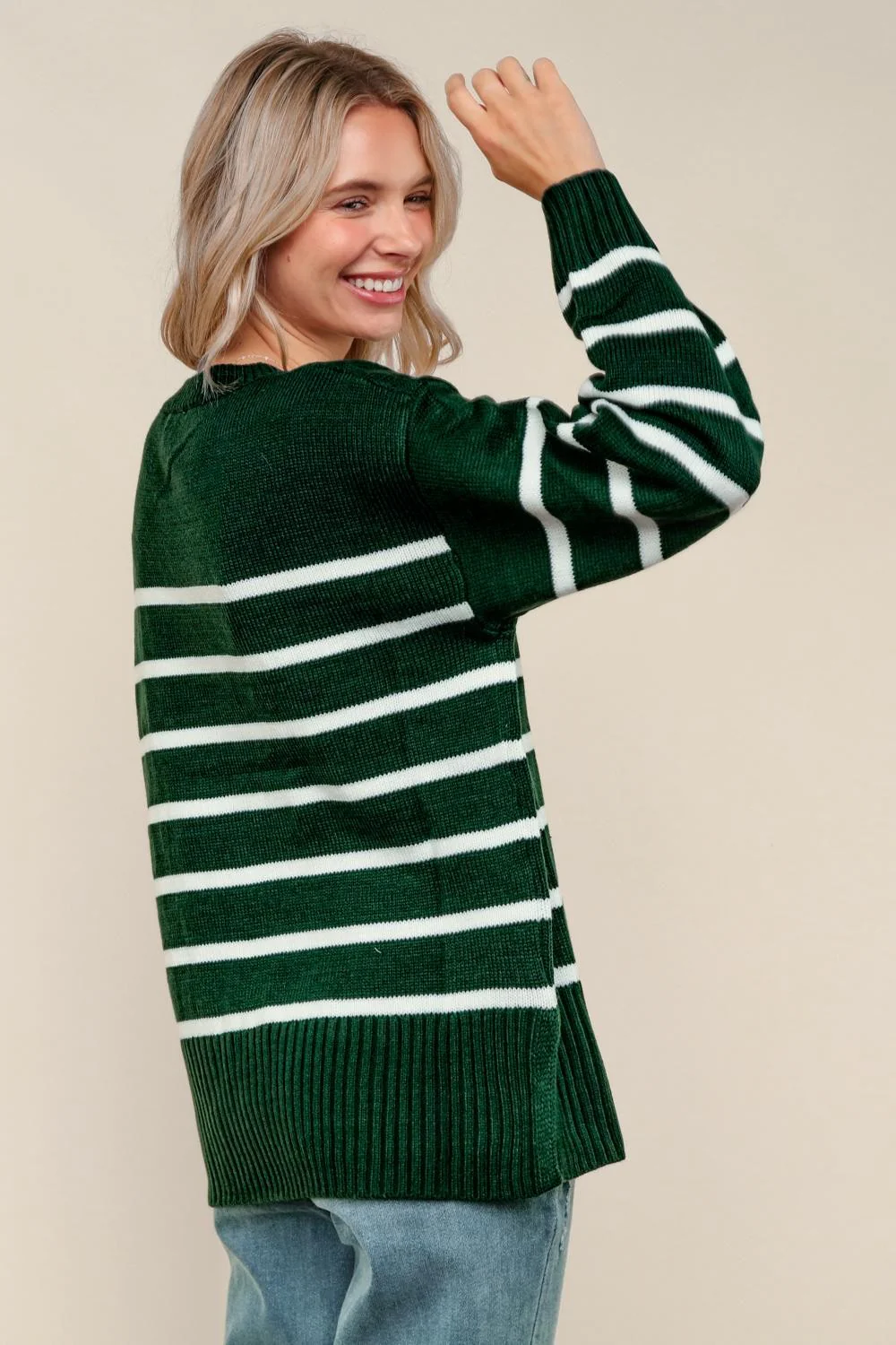 Hunter Green Loose Fit Pullover Stripe Sweater